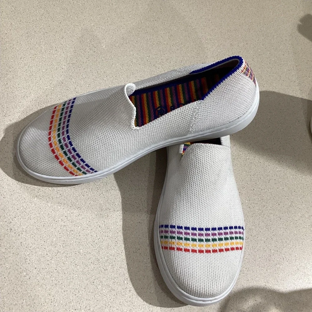 Rothy's The Sneaker Women's White Rainbow Stripe‎ Knit Slip On Shoes Size 3